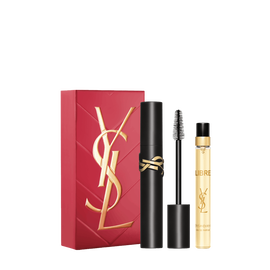 Set de primavera YSL Lash Clash con caja de regalo, mascara Lash Clash y spray de viaje Libre Eau de Parfum 10 ml sobre fondo blanco.