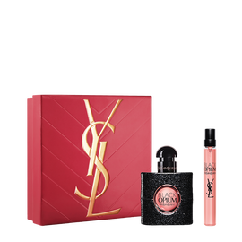 Set de regalo de primavera YSL Black Opium Eau de Parfum con caja de regalo, botella de Black Opium Eau de Parfum de 30 ml y formato de viaje de 10 ml sobre fondo blanco.