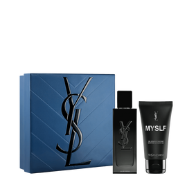 Set de primavera YSL MYSLF Eau de Parfum Routine con caja de regalo azul, frasco de MYSLF EDP de 60 ml y gel de bano MYSLF de 50 ml sobre fondo blanco.