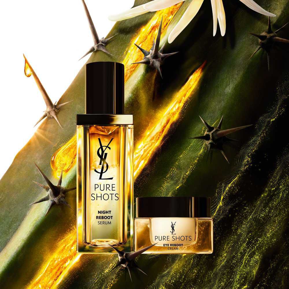 Duo YSL Pure Shots: Night Reboot Serum y Eye Reboot Cream, con el iconico Cactus Moonlight.