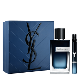 Set de regalo YSL Y Dia del Padre: caja azul, botellas de Y Eau de Parfum de 60 ml y 10 ml, fragancia fresca y audaz.