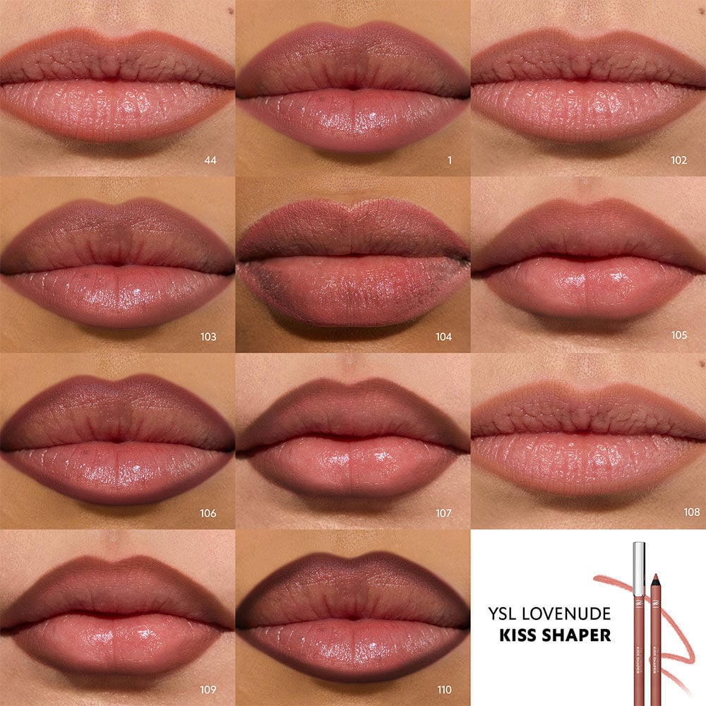 Cuadricula de comparacion de labios mostrando multiples tonos nude de YSL LOVENUDE KISS SHAPER.