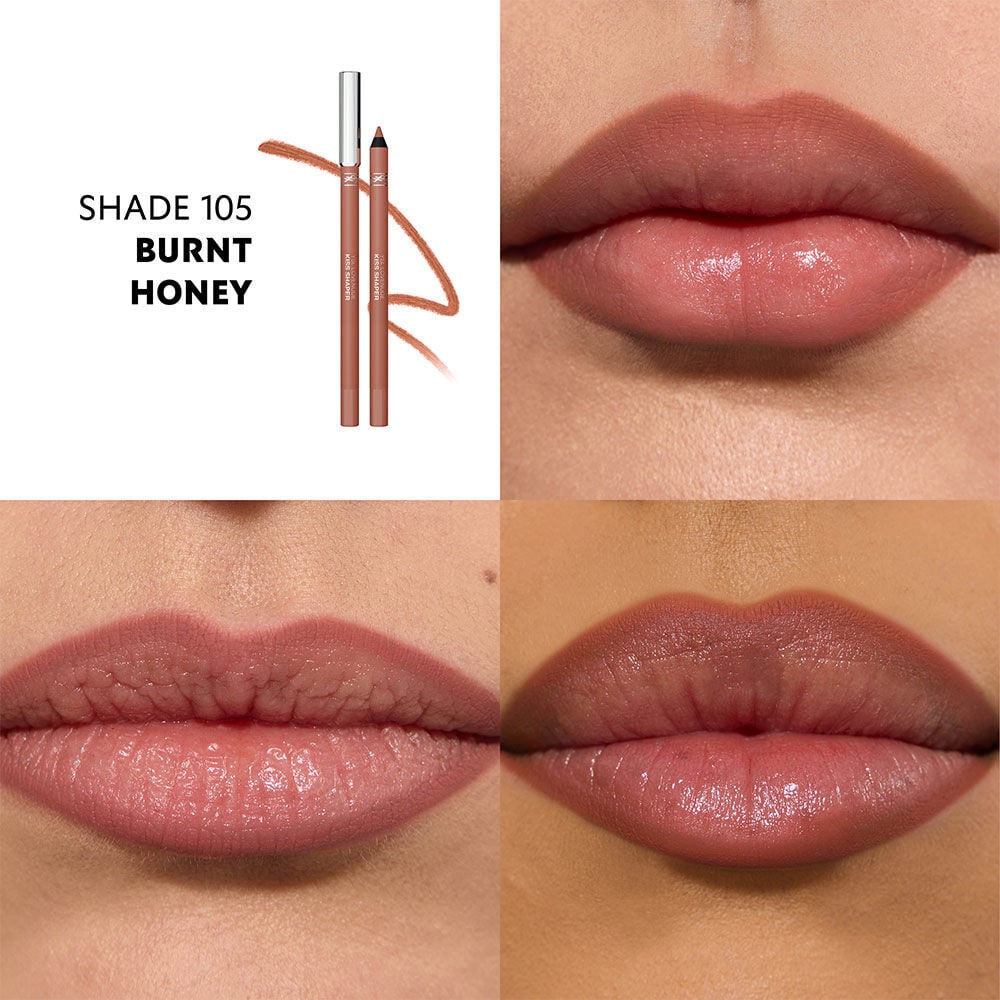 Primer plano de labios usando el tono nude de YSL LOVENUDE KISS SHAPER.