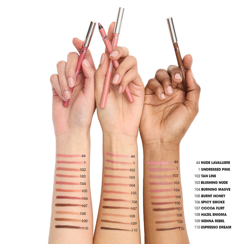 Muestras del perfilador de labios YSL LOVENUDE KISS SHAPER en brazos con multiples tonos nude.