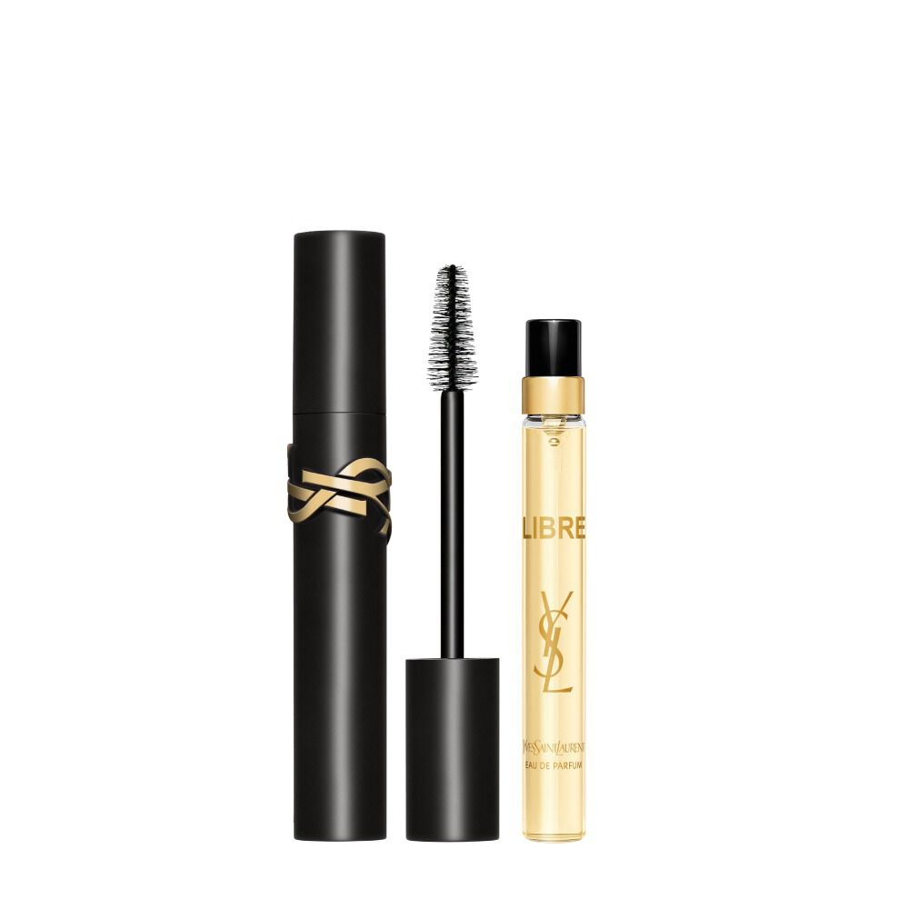 Mascara Lash Clash junto a spray de viaje Libre Eau de Parfum de 10 ml sobre fondo blanco.