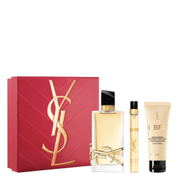 Set de regalo del Dia de la Madre YSL: LIBRE EDP 90ml, spray de viaje de 10ml y crema corporal de 50ml, primer plano de un estuche de regalo rosa con un cassandre dorado.