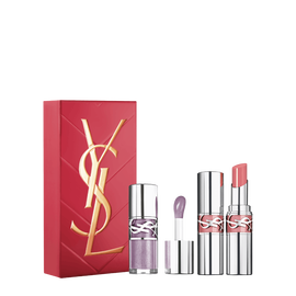 Set de Regalo YSL Lip Duo con caja de regalo, Loveshine gloss tono 01 y Loveshine lipstick tono 44 sobre fondo blanco.