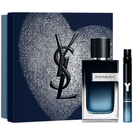 YSL Y Eau de Parfum 100ml and  10ml set, with a dark blue heart- patterned gift box.
