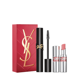 Cofre de Regalo YSL Lash Clash y Loveshine Duo de primavera con caja de regalo, mascara de pestanas Lash Clash y labial Loveshine tono 44 sobre fondo blanco.
