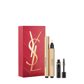 Set de primavera YSL Touche Eclat con caja de regalo, Touche Eclat Stylo tono 02 y mini mascara Lash Clash sobre un fondo blanco.