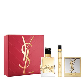 Set de Primavera YSL Libre Trio con caja de regalo, Eau de Parfum Libre 50 ml, formato de viaje de 10 ml y espejo, sobre fondo blanco.