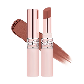 YSL LOVENUDE Lip Blusher, tono 07 Illicit Nude. Packshot del producto abierto y cerrado con muestra.