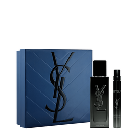 Set de Descubrimiento de Primavera YSL MYSLF Eau de Parfum con caja de regalo azul, frasco de 40 ml de MYSLF EDP y spray de viaje de 10 ml sobre un fondo blanco.