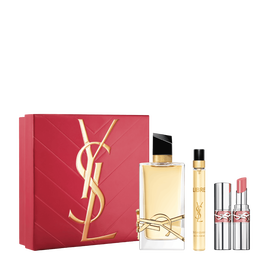 Set de Primavera YSL Libre y Loveshine con caja de regalo, Libre Eau de Parfum 90 ml, formato travel size 10 ml y mini Loveshine tono 44 sobre fondo blanco.