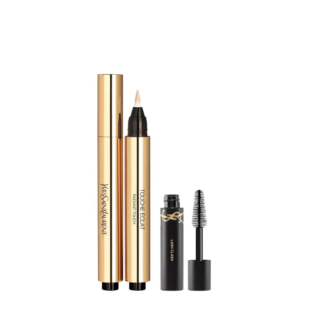 Touche Eclat Stylo tono 02 junto a una mini mascara Lash Clash sobre un fondo blanco.